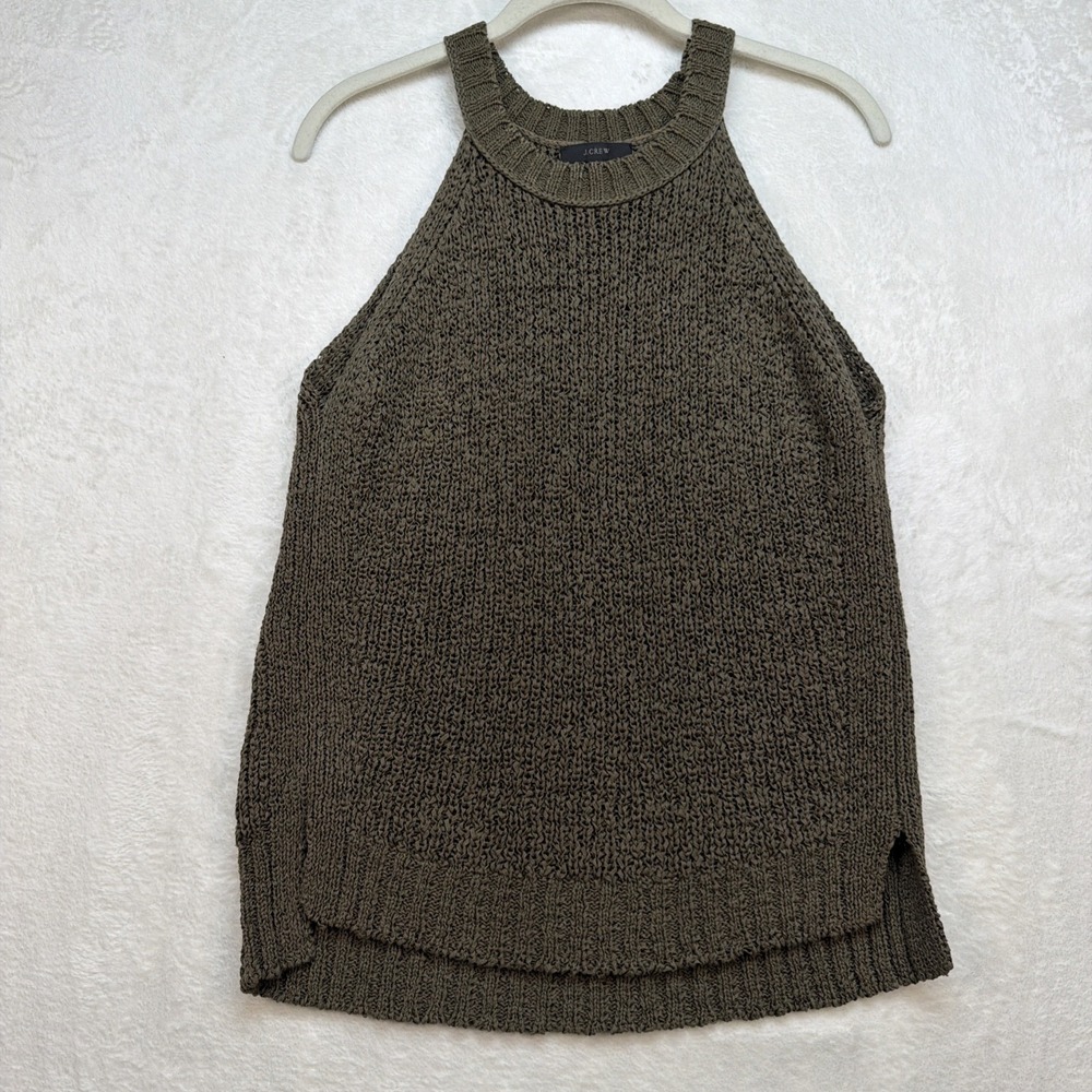 J Crew Sweater Tank Womens XS Olive Green Chunky Knit Halter Sleeveless Top